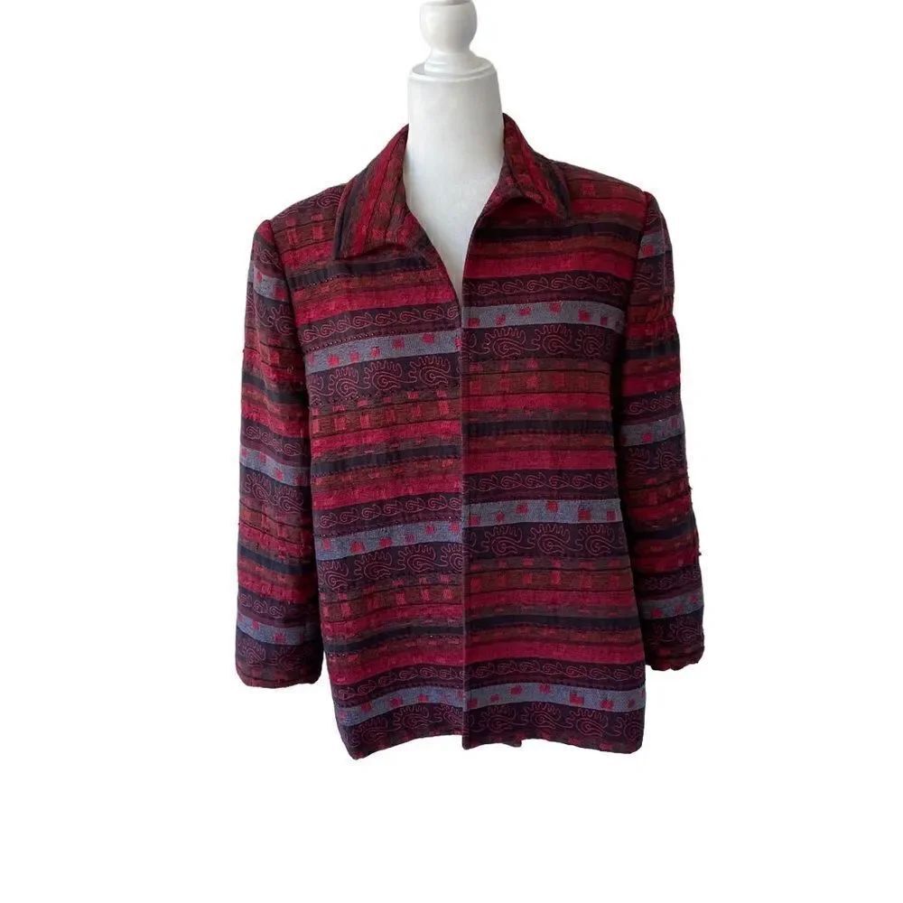 Alfred Dunner Aztec Pattern Jacket Red Beaded Open Front SZ 14